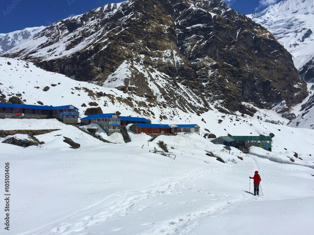 Trekker near base camp in Himalayas, Nepal
