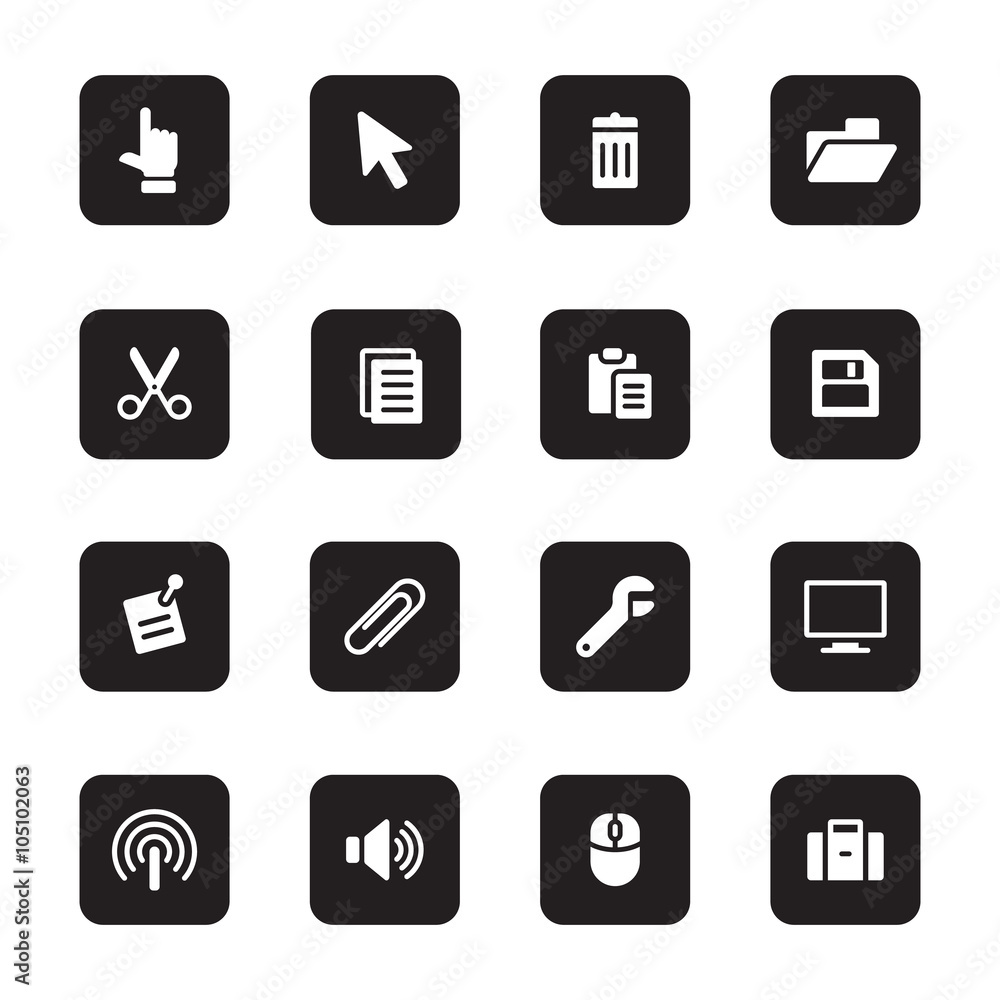black flat computer and technology icon set on rounded rectangle for web design, user interface (UI), infographic and mobile application (apps) black flat computer and technology icon set on rounded rectangle for web design, user interface (UI), infographic and mobile application (apps)