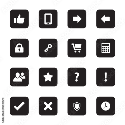 black flat computer and miscellaneous icon set on rounded rectangle for web design, user interface (UI), infographic and mobile application (apps)