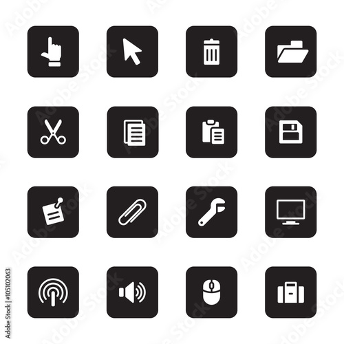 black flat computer and technology icon set on rounded rectangle for web design, user interface (UI), infographic and mobile application (apps)