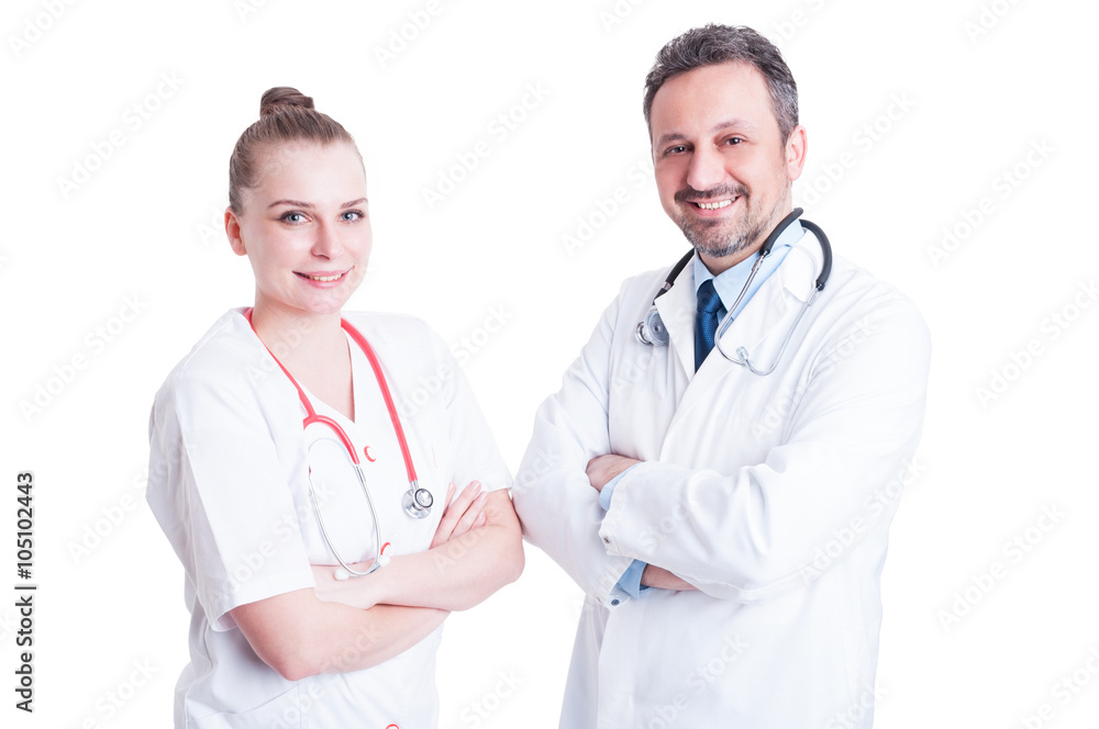Smiling and confident young doctors in white uniform Smiling and confident young doctors in white uniform