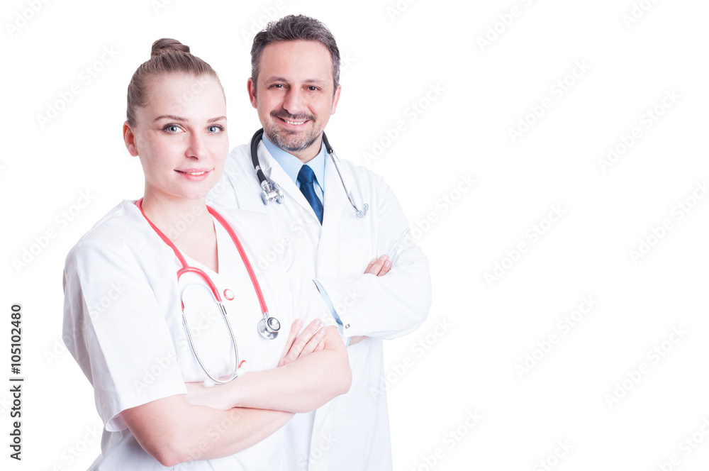 Young successful medical team in lab coat with arms crossed Young successful medical team in lab coat with arms crossed