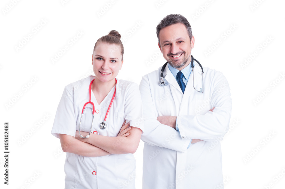 Portrait of two attractive experienced doctors standing with arm Portrait of two attractive experienced doctors standing with arm