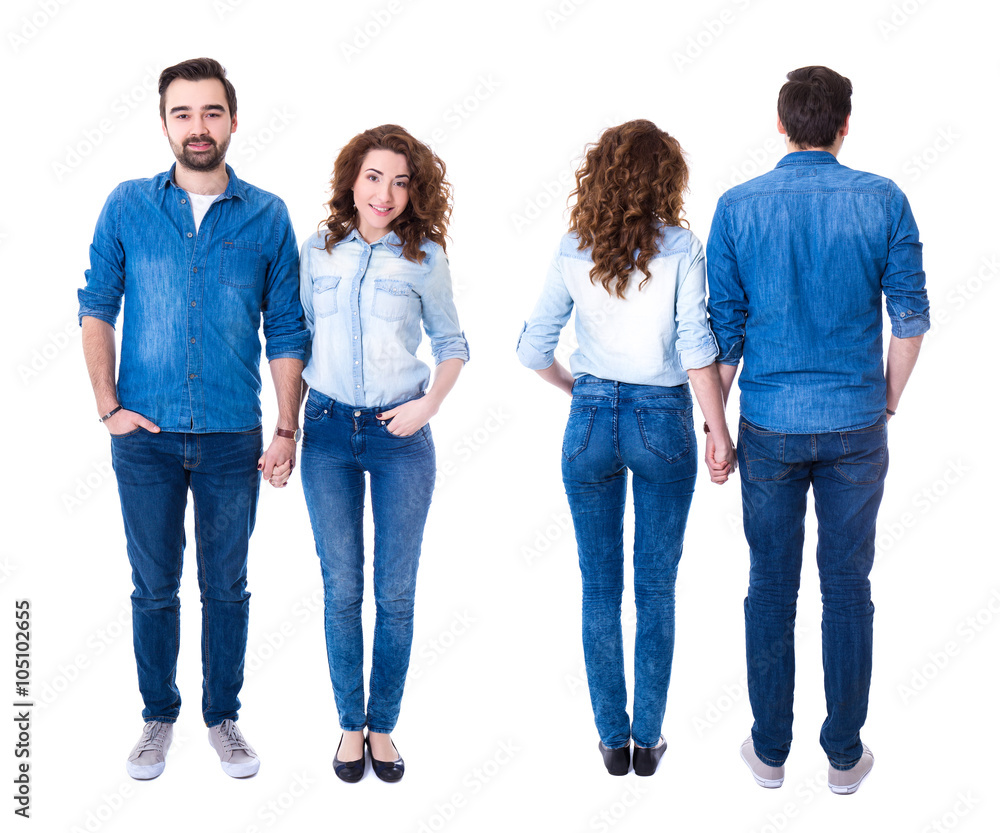 Fototapeta premium front and back view of happy couple isolated on white