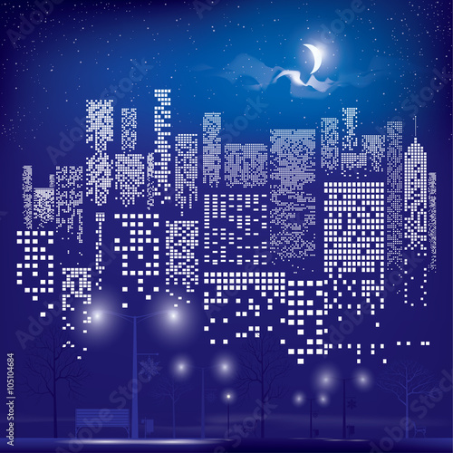 City Lights. Vector illustration of city with lighting windows, the moon, trees, lamps and benches in autumn time. Holidays concept.