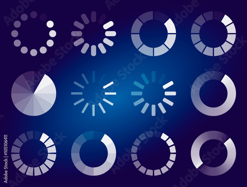 Set of modern preloaders on blue gradient background.
