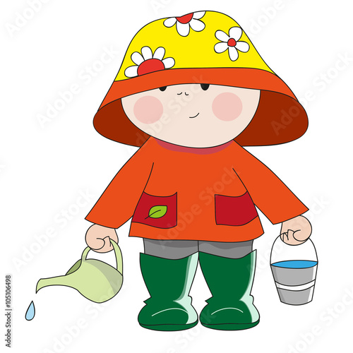 Hand-drawn gardener with green jug for watering flowers