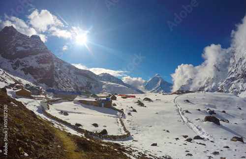 A sunny valley with a village, Nepal photo