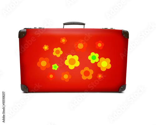 Roter Koffer mit Hippie-blumen