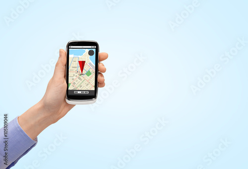 close up of hand with smartphone gps navigator map