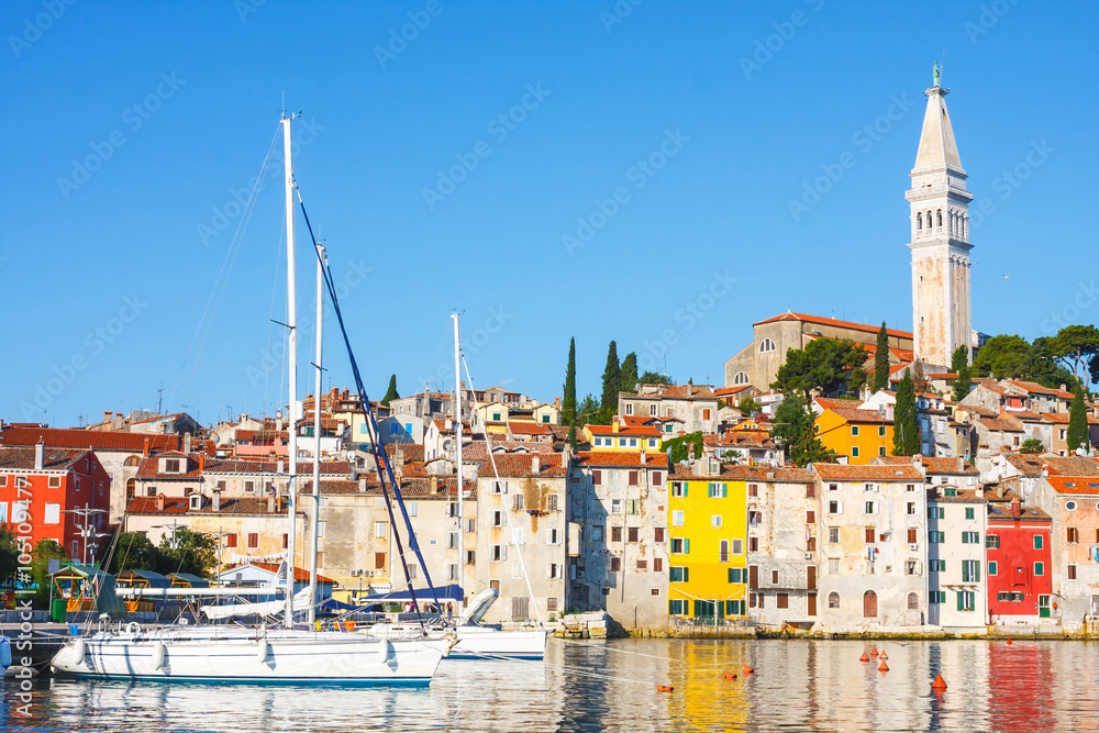 Morning view on sailboat harbor in Rovinj with yachts, Croatia