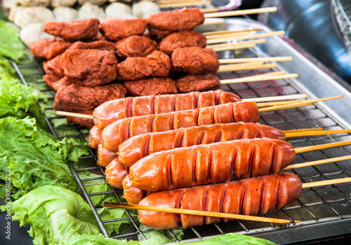 Thai sausages on the steet of Bangkok, Thailand.