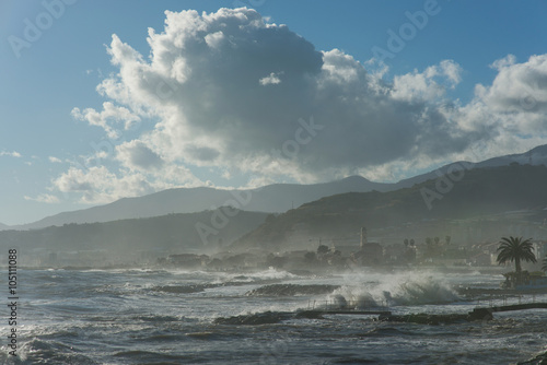 View of Santo Stefano al Mare during a sea storm, Ligurian Riviera, Italy
