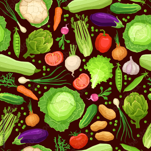 Seamless vector pattern with different fresh vegetables on dark background, healthy lifestyle and organic food texture, vegetarian pattern