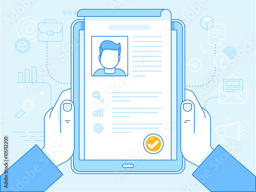 Vector flat linear illustration in blue colors - resume concept