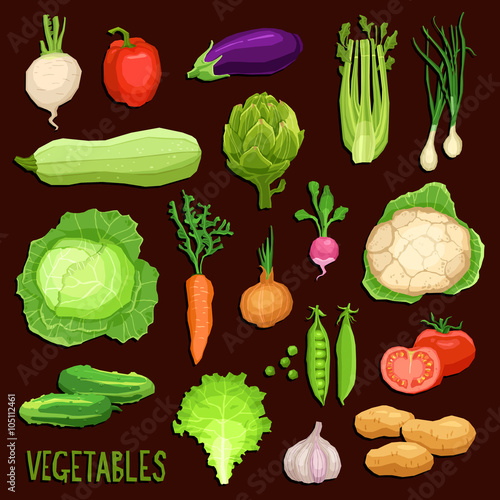 Set of fresh vegetables on dark background, healthy and organic food collection