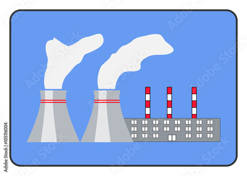 Power plant icon in flat style in the frame. CHP building, isolated on blue background. Industrial manufacturing. Detailed modern sign. Symbol of industry. Design element. Stock Vector illustration.