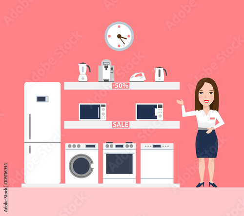 seller saleswoman manager with household appliances, refrigerator,washing machine,microwave,kettle,clock,iron. household appliances seller concept illustration.