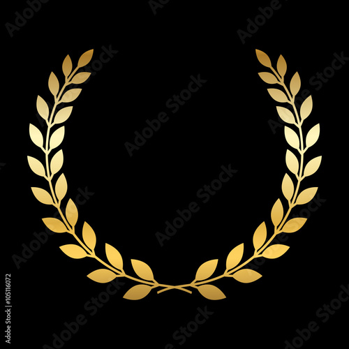 Gold laurel wreath. Symbol of victory and achievement. Design element for decoration of medal, award, coat of arms or anniversary logo. Golden leaf silhouette on black background. Vector illustration.