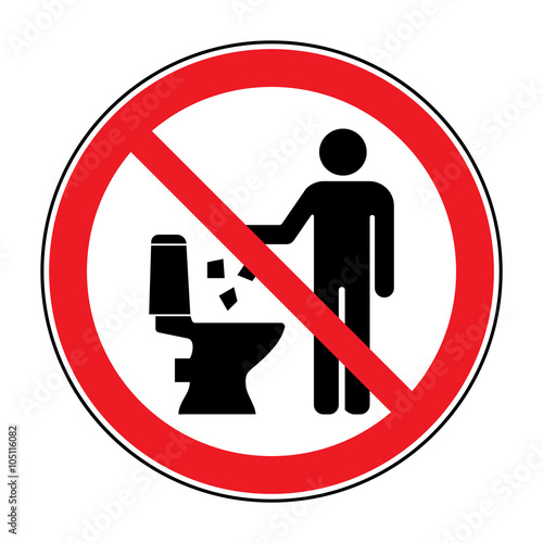 Do not litter in toilet icon. Keep clean sign. Silhouette of a man, throw garbage in a bin, in circle isolated on white background. No littering warning symbol. Public Information. Vector illustration