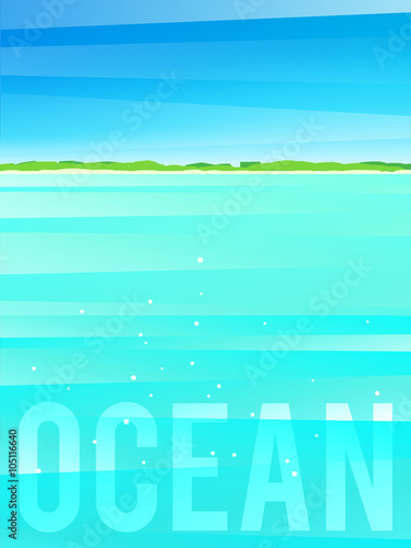 Light simplified ocean background with tropical island. Vector illustration, eps10.