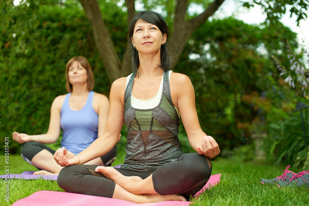 Two mature women keeping fit by doing yoga in the summer Two mature women keeping fit by doing yoga in the summer