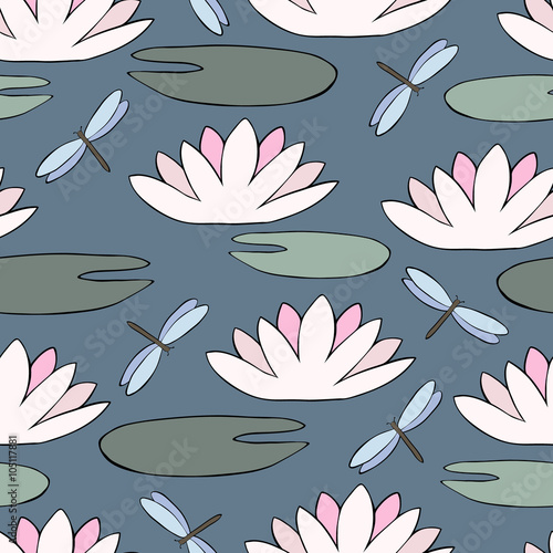 Seamless pattern with a water lily and dragonfly