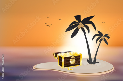 Desert island with treasure chest and sunset