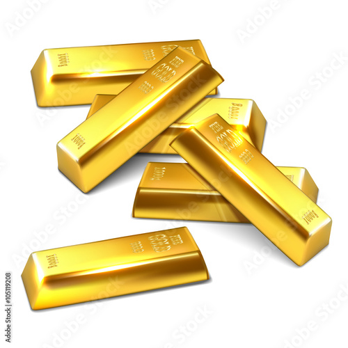 Several golden bricks on white background