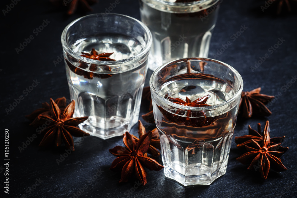 Anisette, vodka made from anise, selective focus Anisette, vodka made from anise, selective focus