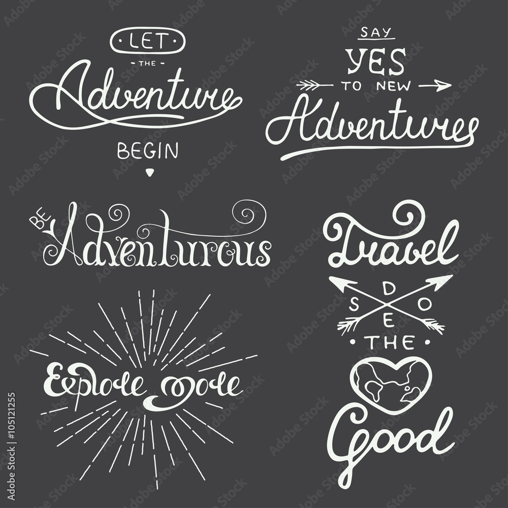 Set of adventure and travel vector lettering for greeting cards - obrazy, fototapety, plakaty 