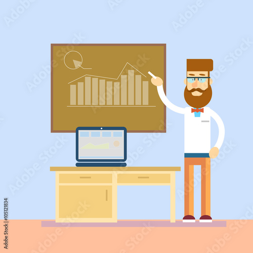 Business Man In Class Board Laptop Computer Teacher Seminar Training Conference Presentation Financial Chart 