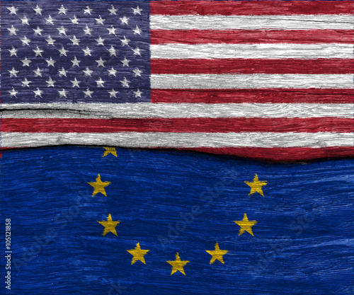 USA and EU flag on wood