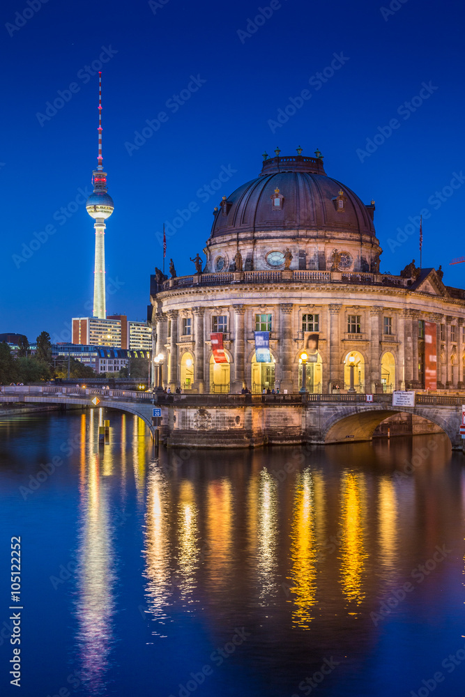 Berlin Bode Museum with TV tower and Spree river at night, Berlin, Germany