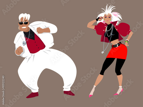 Young couple dressed in 1980s fashion dancing, EPS 8 vector illustration, no transparencies