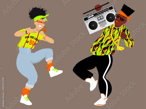 Young couple dressed in 1980s fashion listening music from a boombox and dancing, EPS 8 vector illustration
