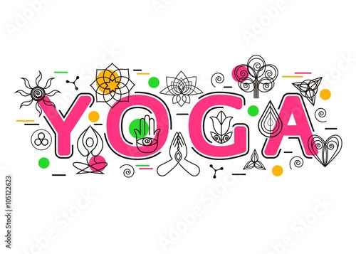 Yoga Banner template for yoga studio, yoga website, header, advertising booklet and poster. Yoga Icons and Design Elements. Yoga Symbol. Flat Style, Thin Line Art Design. Vector Illustration.