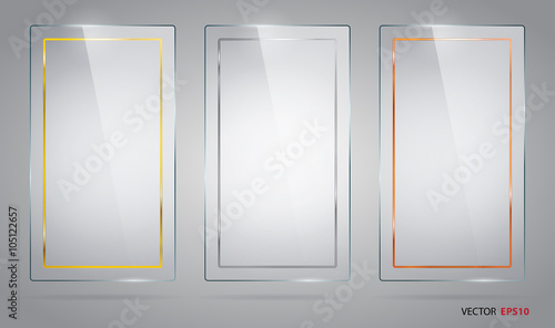 Set of rectangle glass frames with gold, silver and brown strips.