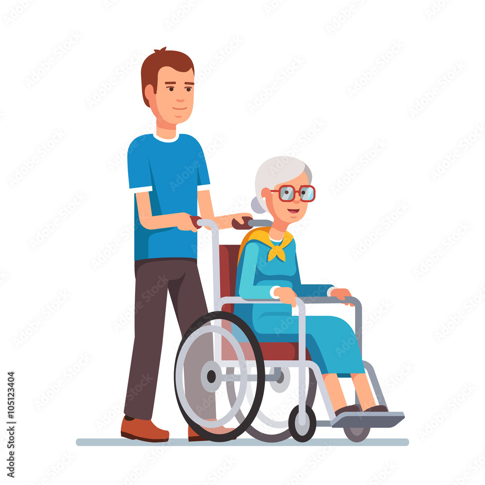 Man strolling with his grandmother in wheelchair Man strolling with his grandmother in wheelchair