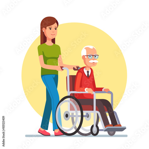 Woman strolling with elder man in wheelchair