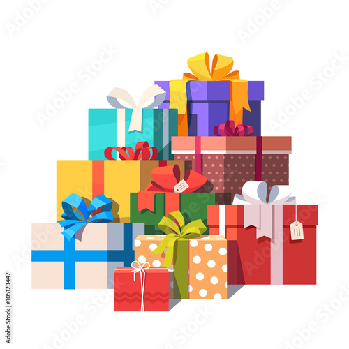 Big pile of colorful wrapped gift boxes