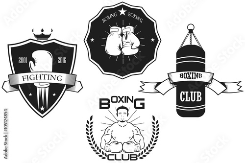 Set of boxing equipment vector monochrome design elements isolated on white background, mix martial arts icons. Boxing labels 