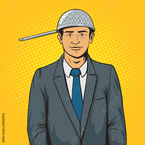 Man with strainer on head pop art style vector