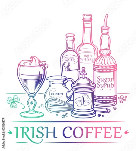 Cocktail Irish Coffee with ingredients (Irish Whiskey, sugar syrup, water, coffee, cream) and barman's instruments