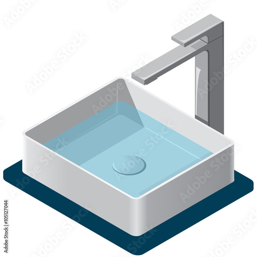 Bathroom sink. Isometric basin with tap and water. Kitchen interior info graphic element on white. Illustration household article. Pictogram domestic cleaner set. Flatten isolated master vector.