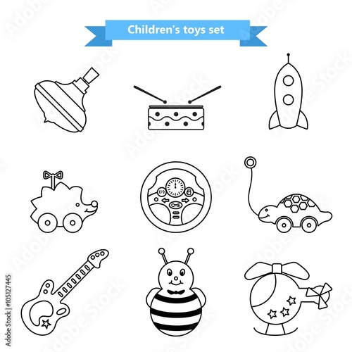 Set of vector icons of toys. Collection of toys for children. Vector illustration in a line style. 