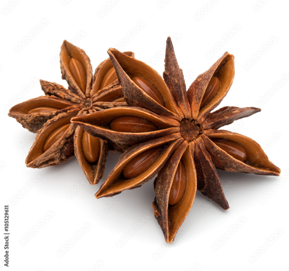 Star anise spice fruits and seeds isolated on white background c Star anise spice fruits and seeds isolated on white background c
