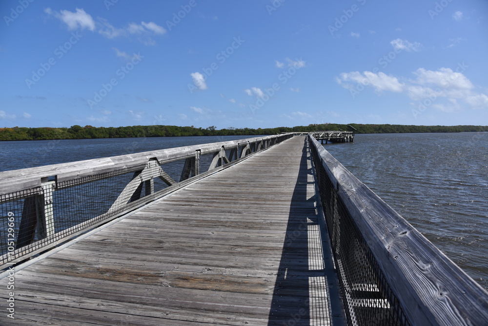 Fototapeta premium Old wooden boardwalk provides access to the beach at John D MacArthur State Park near West Palm Beach, Florida.