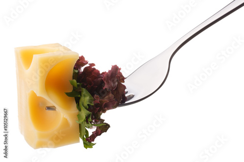 Cheese and fresh salad on fork isolated on white background cuto