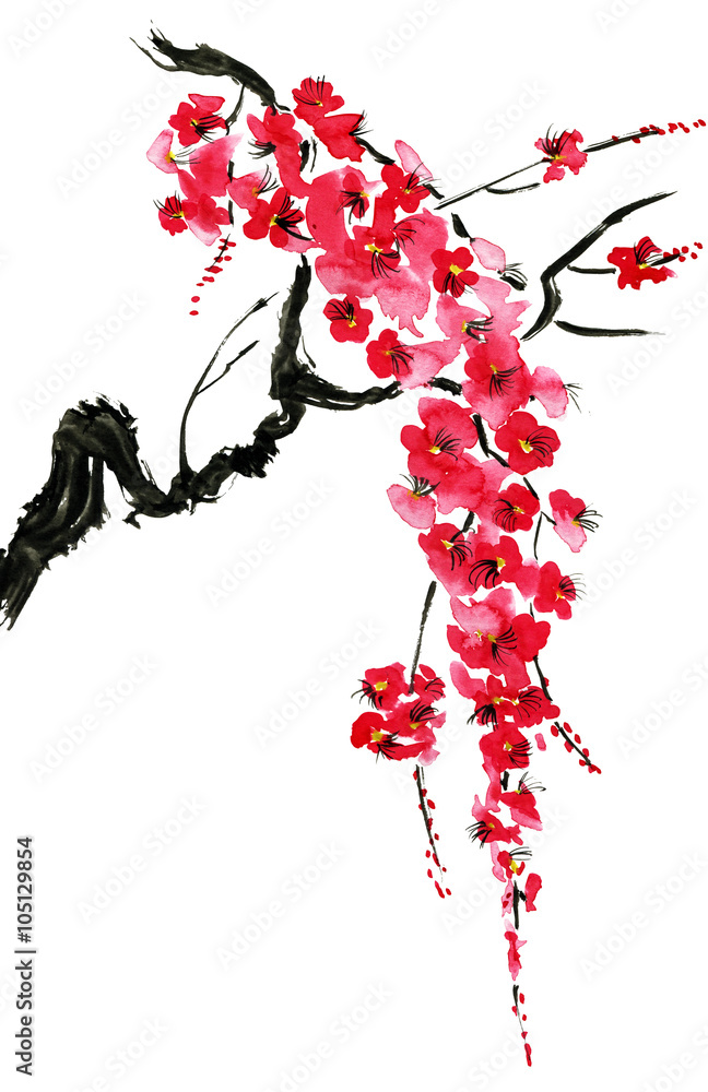 Fototapeta premium A branch of a blossoming tree. Pink flowers of sakura . Watercolor and ink illustration in style sumi-e, u-sin. Oriental traditional painting. Isolated on white background.